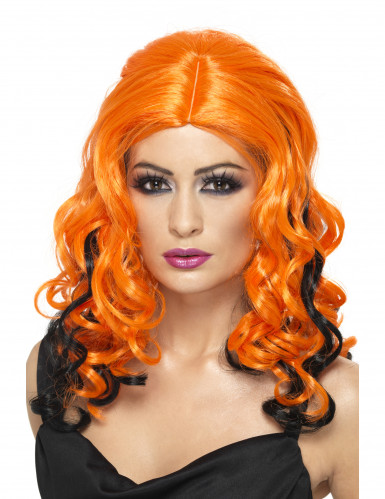 Perruque longue orange mèches noires femme Halloween